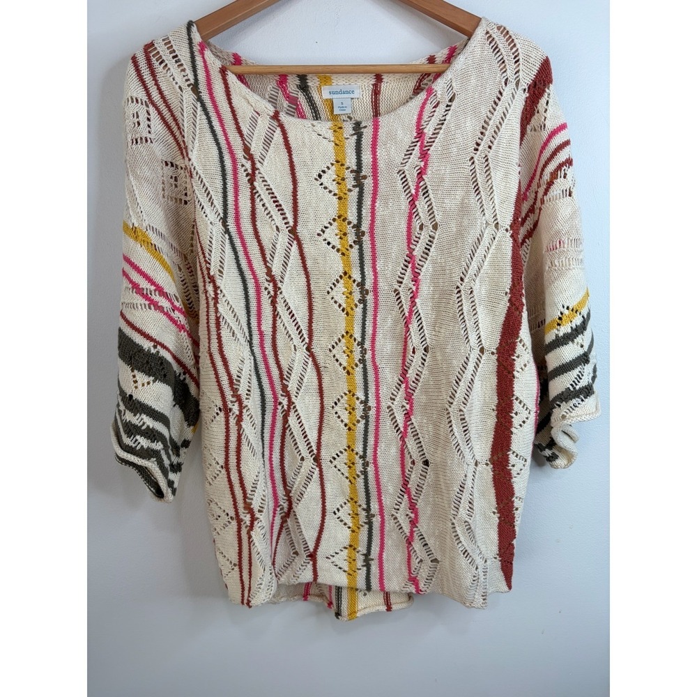 Sundance Striped Pointelle Crochet Knit Sweater Sz Sm Rainbow Cottagecore Boho